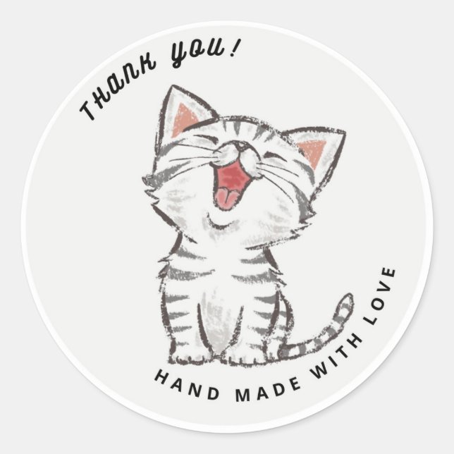Niedlich Happy Cat Kitten Gray Vielen Dank Runder Aufkleber (Vorderseite)
