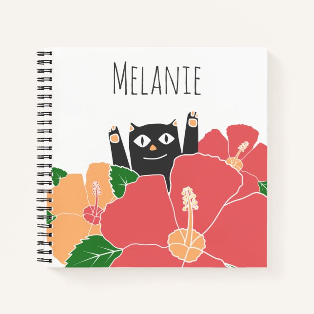 Niedlich Happy Cat Spring Blumen Personalisiert Notizbuch (Vorderseite)