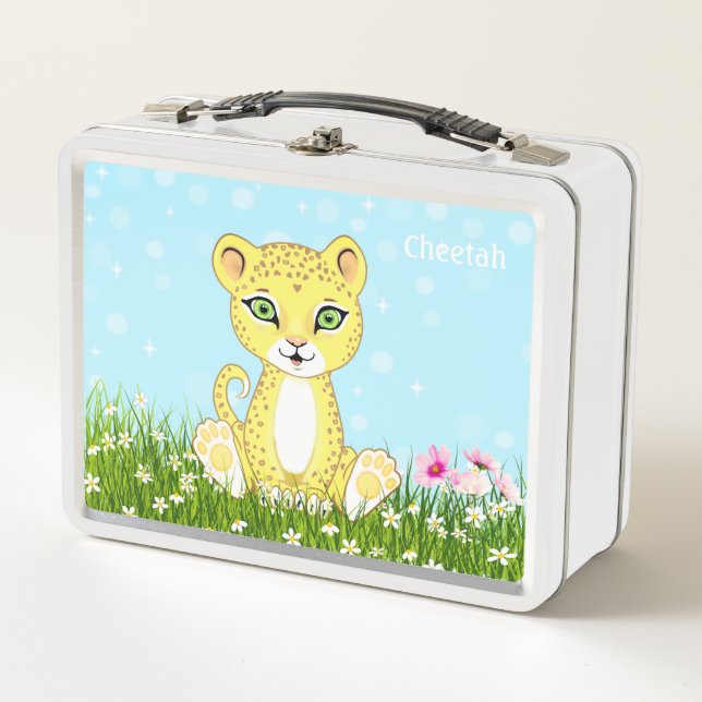 Niedlich Happy Cheetah Leopard und Blume Metall Brotdose (Vorderseite)