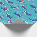 Niedlich Happy Christmas Sharks auf blau Geschenkpapier<br><div class="desc">Niedlich Happy Christmas Sharks auf blauem Hintergrund</div>