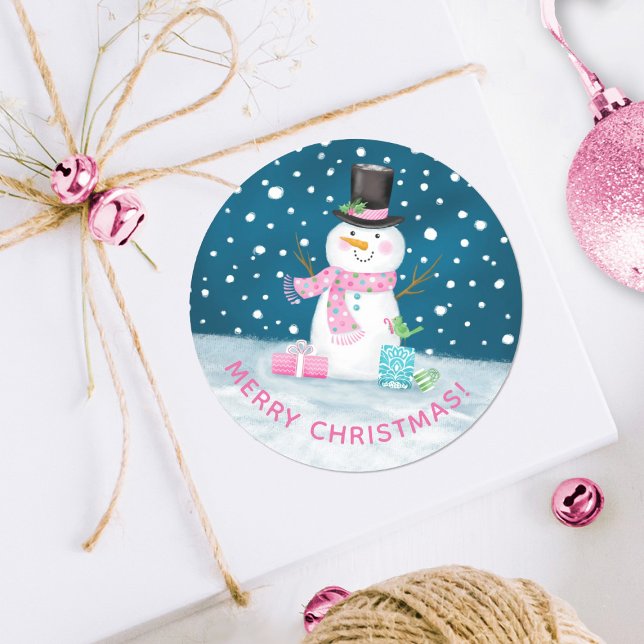 Niedlich Happy Christmas Snowman Sticker (A cute Christmas Snowman sticker with a pink scarf. Personalize it your greeting.)