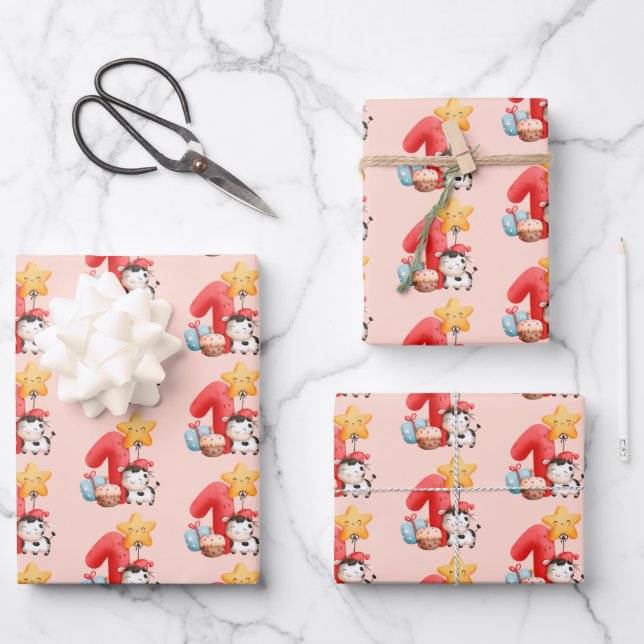 Niedlich Happy Cow 1. Geburtstag Geschenkpapier Set (Vorderseite)