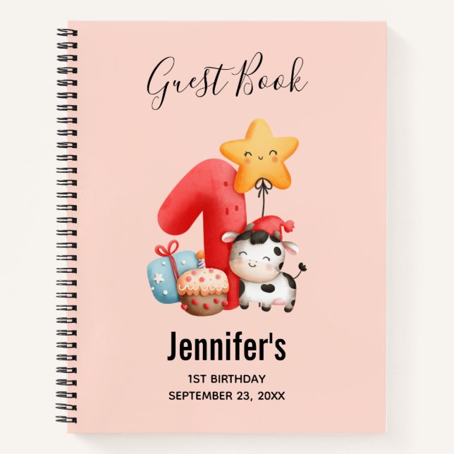 Niedlich Happy Cow 1. Geburtstag Notizbuch (Vorderseite)