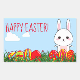 Niedlich Happy Easter Bunny & Eggs auf Gras Rechteckiger Aufkleber