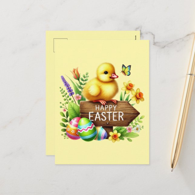 Niedlich Happy Easter chick Postkarte (Vorderseite/Rückseite Beispiel)