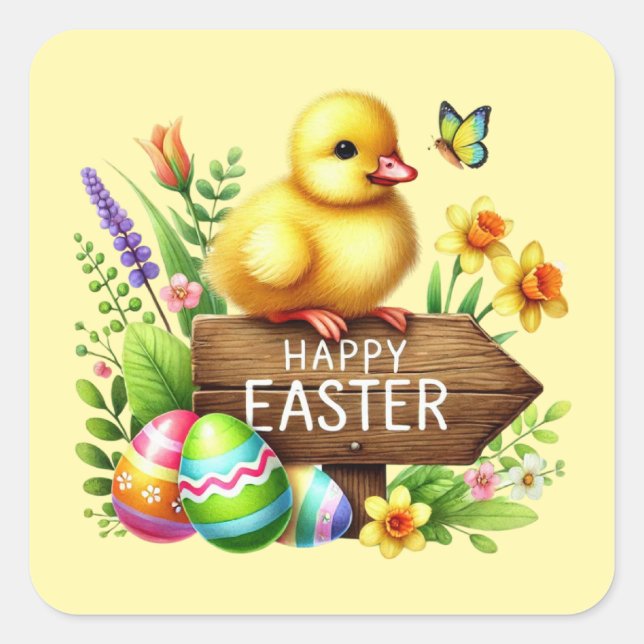 Niedlich Happy Easter chick Quadratischer Aufkleber (Vorderseite)
