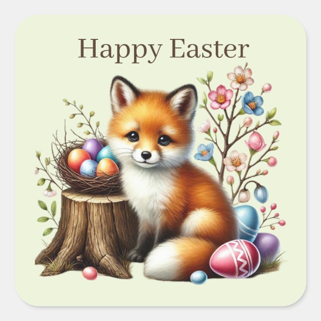 Niedlich Happy Easter Fux Quadratischer Aufkleber (Vorderseite)