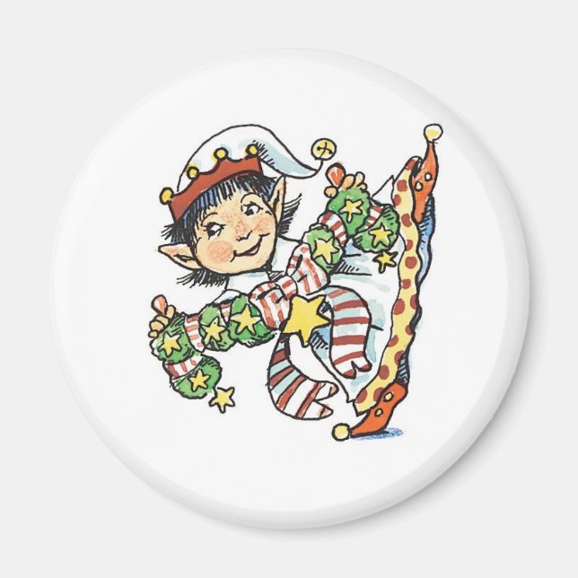 Niedlich Happy Elf Dancing, Retro Weihnachten Cart Magnet (Vorne)