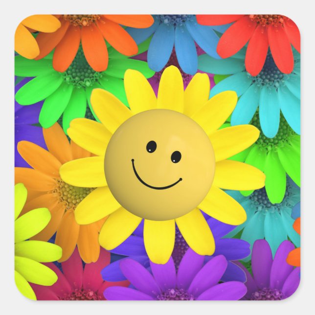 Niedlich Happy Face Blume Quadratischer Aufkleber (Vorderseite)