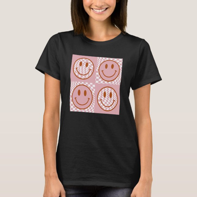 Niedlich Happy Face Checkered Pattern Pink Smile F T-Shirt (Vorderseite)