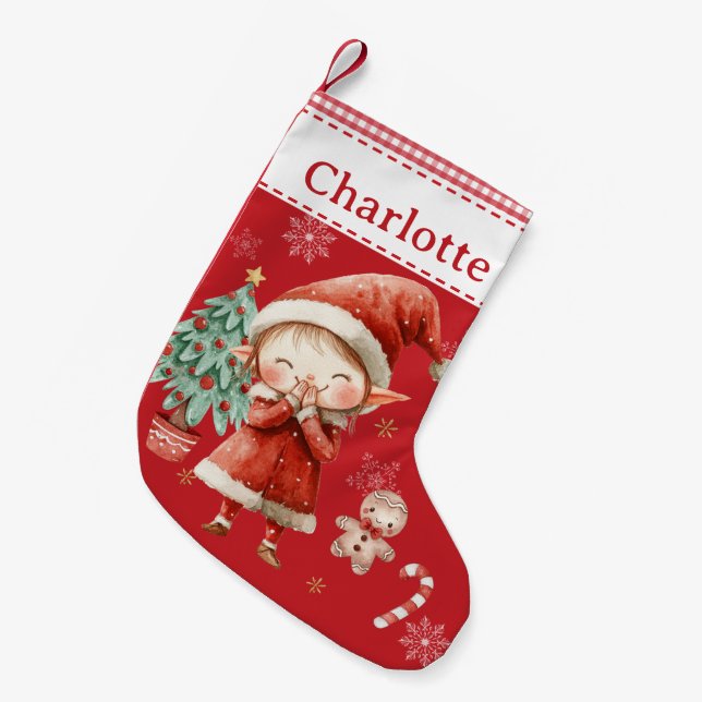 Niedlich Happy Girl Elf Red Gingham Kleiner Weihnachtsstrumpf (Vorderansicht (hängend))