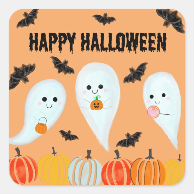 Niedlich Happy Halloween Ghost Bat Pumpkin Quadratischer Aufkleber (Vorderseite)