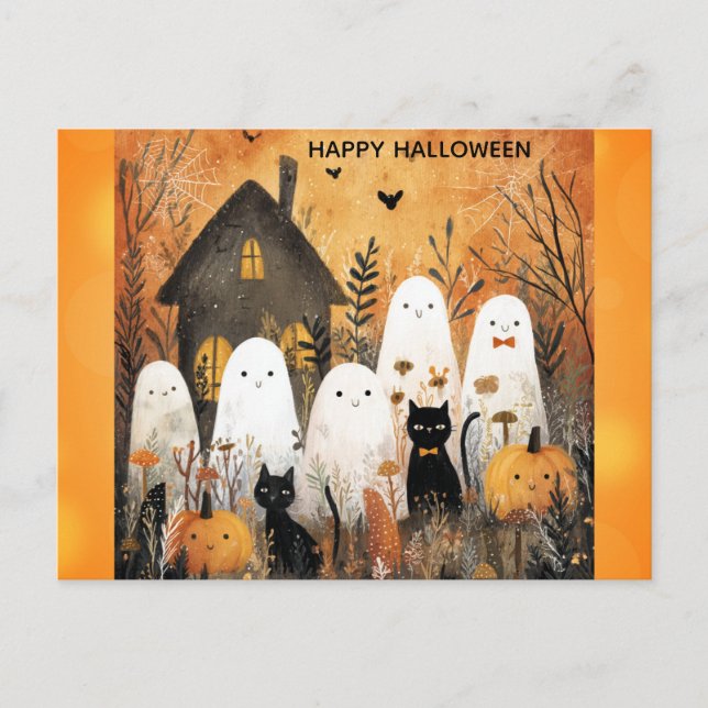 Niedlich Happy Halloween Ghost Black Cat Pumpkin Postkarte (Vorderseite)