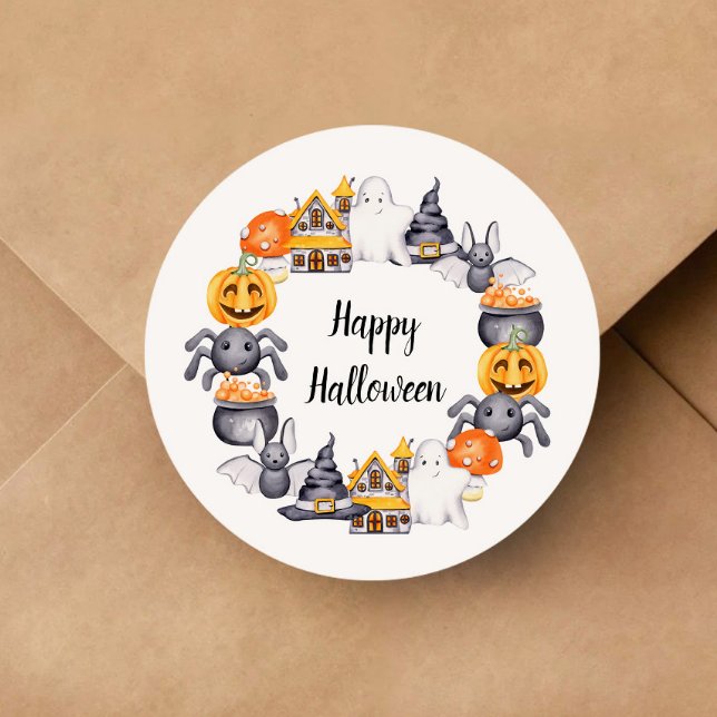Niedlich Happy Halloween Illustration Runder Aufkleber (Cute Happy Halloween Illustration Classic Round Sticker)