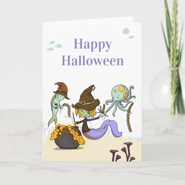 Niedlich Happy Halloween Meerjungfrau Hexe Karte (Vorderseite)