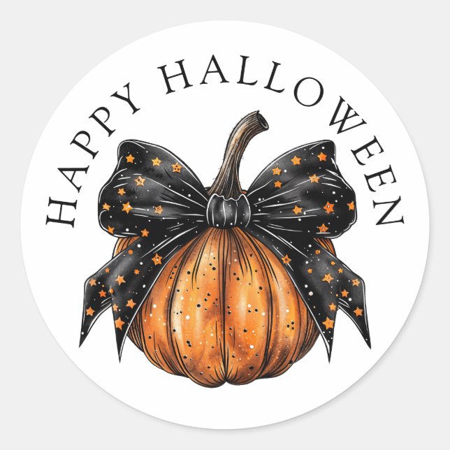 Niedlich Happy Halloween Pumpkin Black Star Bow Runder Aufkleber (Vorderseite)