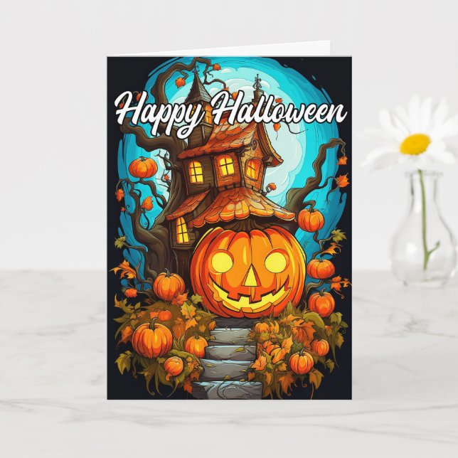 Niedlich Happy Halloween Pumpkin & Spuk House Karte (Kleine Pflanze)