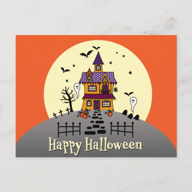 Niedlich Happy Halloween Spuk Haus Postkarte (Vorderseite)