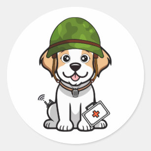 Niedlich Happy Hund Tragen Armeehelm Runder Aufkleber