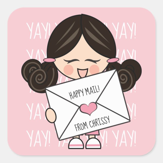 Niedlich Happy Mail Asian Girl Pink Siegel Quadratischer Aufkleber (Vorderseite)