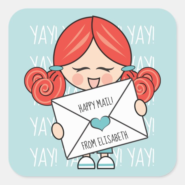 Niedlich Happy Mail Redhead Girl Pink Siegel Quadratischer Aufkleber (Vorderseite)