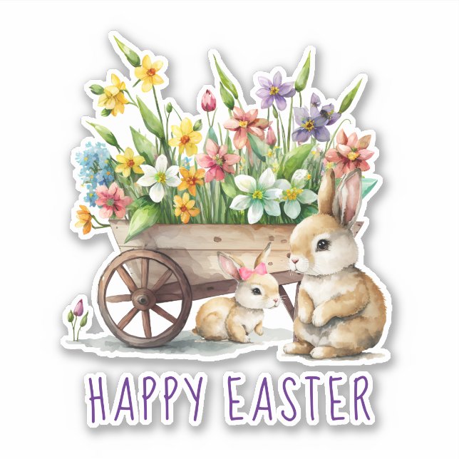 Niedlich Happy Oaster Bunnies und Blume Aufkleber (Vorderseite)