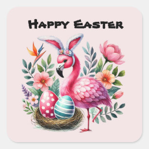 Niedlich Happy Oaster Pink Flamingo Quadratischer Aufkleber