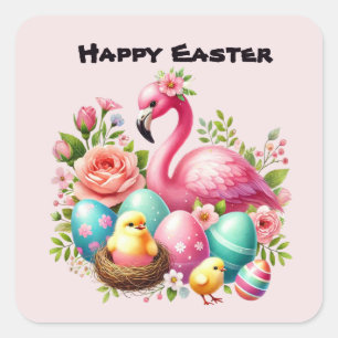 Niedlich Happy Oaster Pink Flamingo Quadratischer Aufkleber