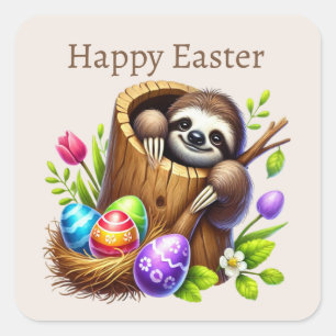 Niedlich Happy Oaster Sloth Quadratischer Aufkleber