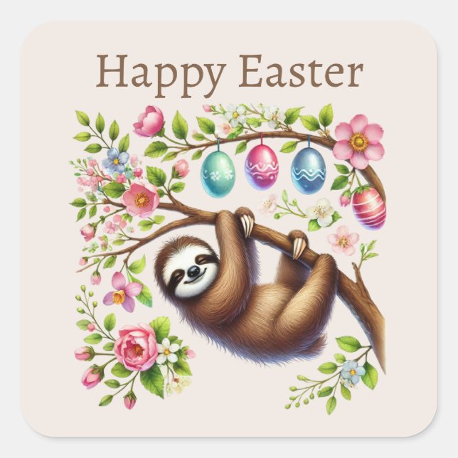 Niedlich Happy Oaster Sloth Quadratischer Aufkleber (Vorderseite)