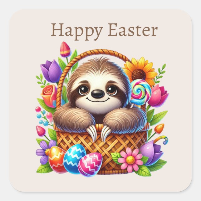 Niedlich Happy Oaster Sloth Quadratischer Aufkleber (Vorderseite)
