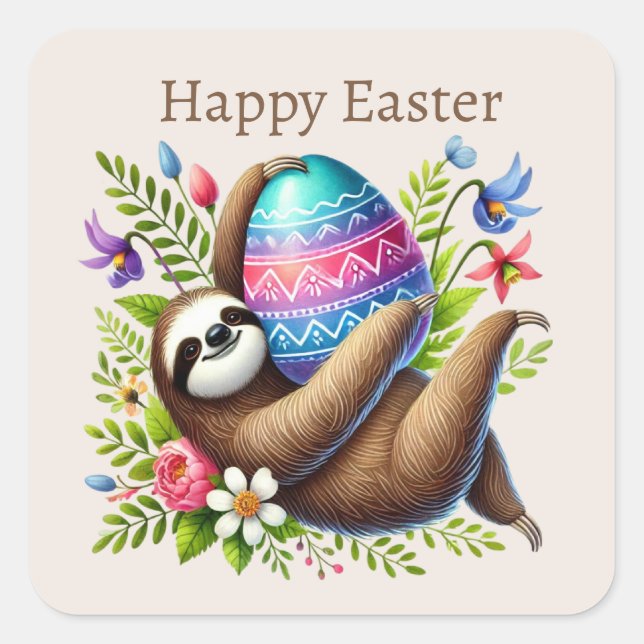 Niedlich Happy Oaster Sloth Quadratischer Aufkleber (Vorderseite)