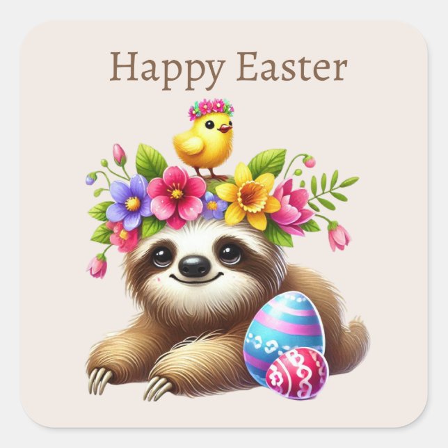 Niedlich Happy Oaster Sloth Square Aufkleber (Vorderseite)