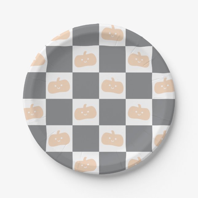 Niedlich Happy Orange Pumpkin mit Checkerboard Pappteller (Vorderseite)