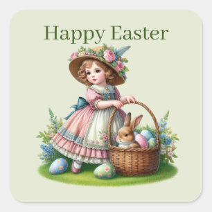 Niedlich Happy Ostergirl Quadratischer Aufkleber