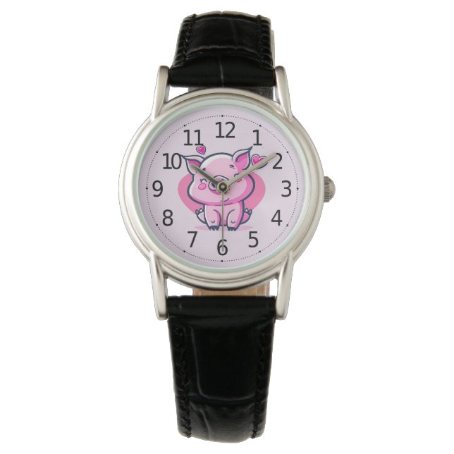 Niedlich Happy Pink Pig Herz Valentine Inspiriert  Armbanduhr (Vorderseite)