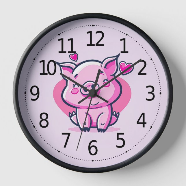 Niedlich Happy Pink Pig Herz Valentine Inspiriert  Uhr (Vorderseite)