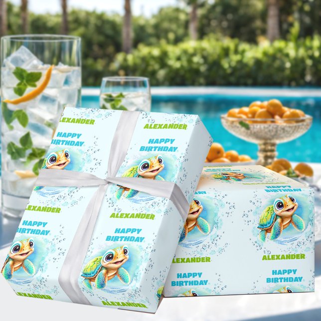 Niedlich Happy Sea Turtle Name Little Boy Geburtst Geschenkpapier (Cute Happy Sea Turtle Name Little Boy Birthday Wrapping Paper)