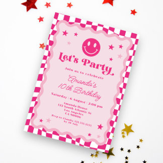 Niedlich Happy Smile Hot Pink Checkered Girl Gebur Einladung
