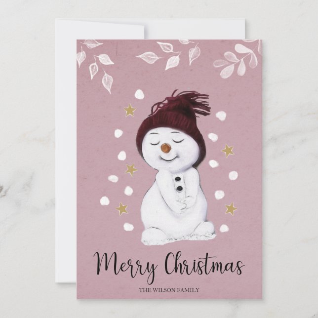 Niedlich Happy Snowman Pink Weihnachtskarte Feiertagskarte (Vorderseite)