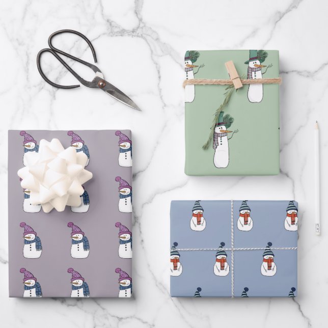 Niedlich Happy Snowman Wrapping Paper Set 3 Geschenkpapier Set (Vorderseite)