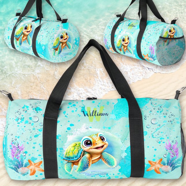 Niedlich Happy Turtle Boy Ocean Blue Turquoise Nam Duffle Bag (Cute Happy Turtle Boy Ocean Blue Turquoise Name Duffle Bag)