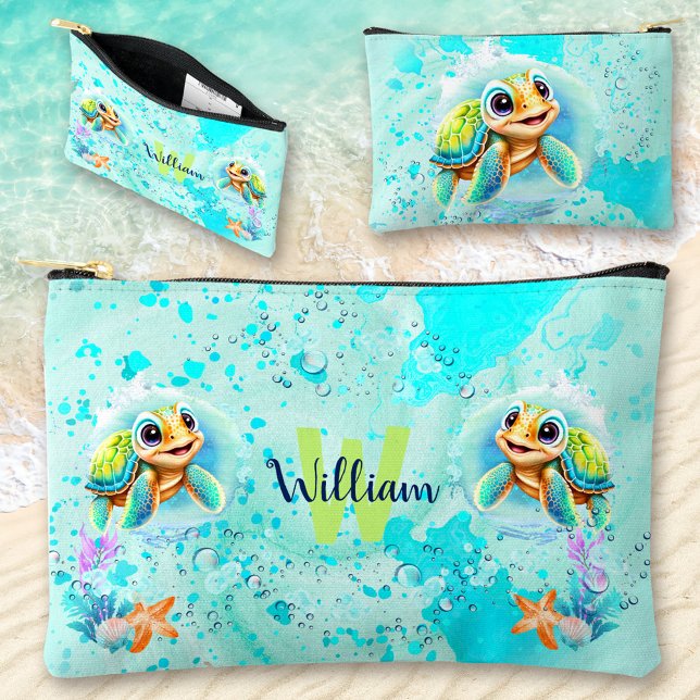 Niedlich Happy Turtle Boy Ocean Blue Turquoise Nam Zubehörtasche (Cute Happy Turtle Boy Ocean Blue Turquoise Name Accessory Pouch)