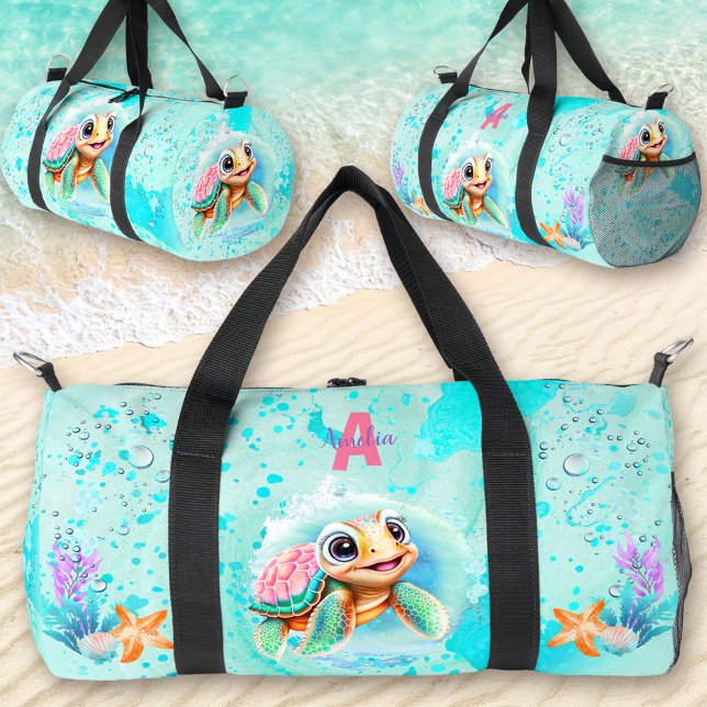 Niedlich Happy Turtle Girl Ocean Pink Türkis Name Duffle Bag (Cute Happy Turtle Girl Ocean Pink Turquoise Name Duffle Bag)