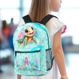 Niedlich Happy Turtle Girl Ocean Türkis Name Bedruckter Rucksack