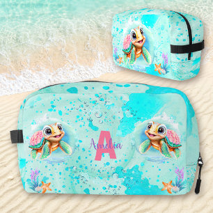 Niedlich Happy Turtle Girl Ocean Türkis Pink Name Waschbeutel