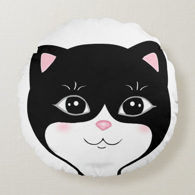Niedlich Happy Tuxedo Cat Face Rundes Kissen (Vorderseite)