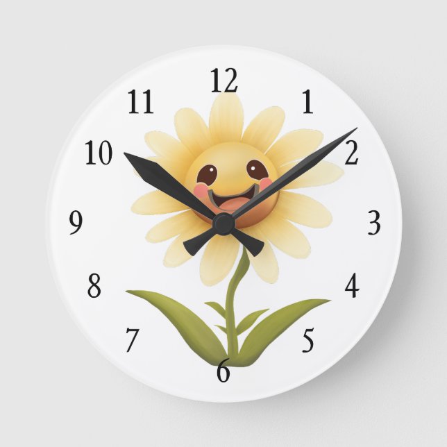 Niedlich Happy Yellow Blume Runde Wanduhr (Vorderseite)