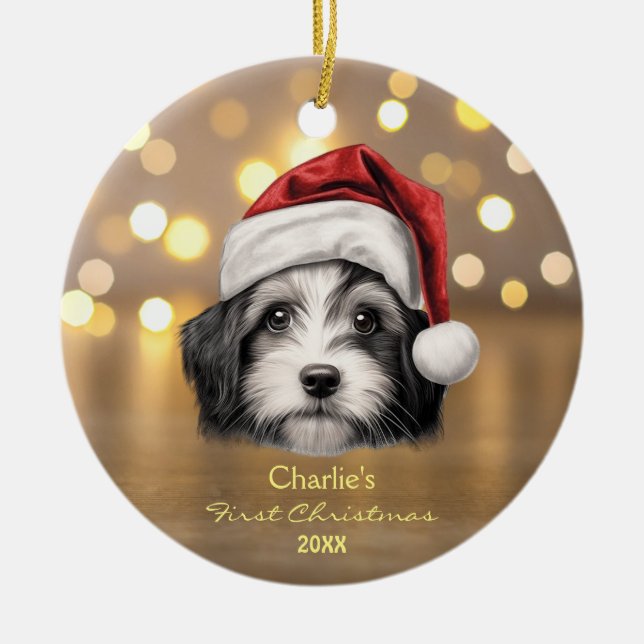Niedlich Havanese Hund Weihnachtsmannmütze 1. Weih Keramik Ornament (Vorne)