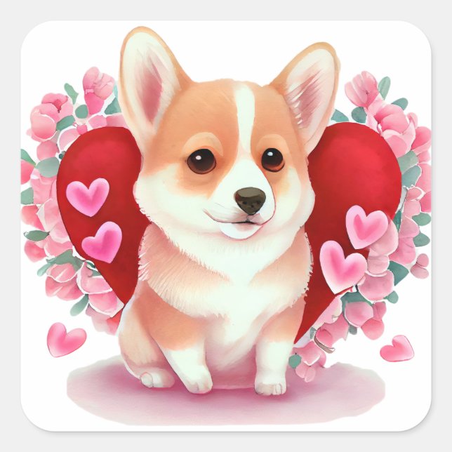 Niedlich Heart Corgi Dog Valentine Quadratischer Aufkleber (Vorderseite)